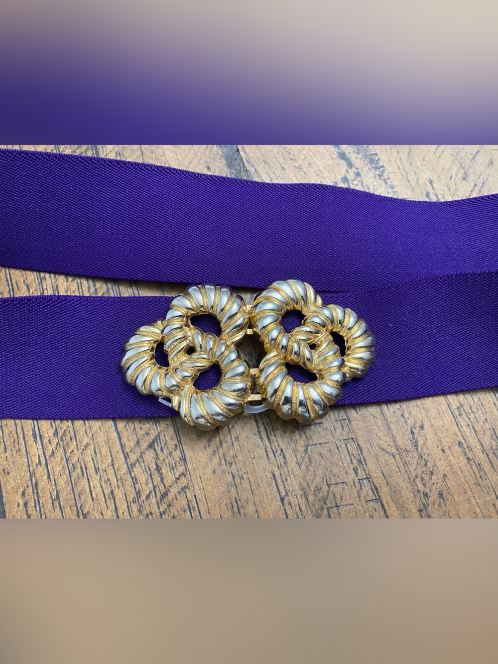 Vintage 80s Omega Purple & Gold Interlocking Knot Elastic Stretch Belt size L